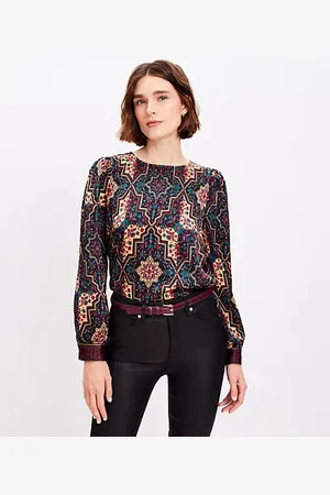 LOFT Petite Geo Border Satin Puff Sleeve Blouse