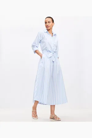 LOFT Petite Striped Poplin Tie Front Pocket Shirtdress
