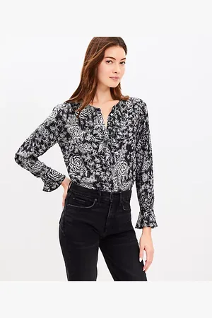 LOFT Petite Shimmer Stripe Floral Ruffle Blouse