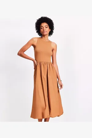 LOFT Petite Poplin Bubble Mixed Media Midi Dress