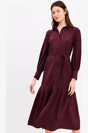 LOFT Petite Pleated Tie Waist Midi Shirtdress