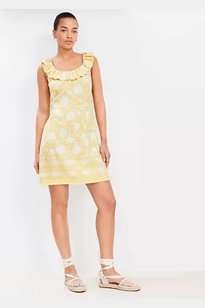 LOFT Petite Floral Linen Blend Ruffle Neck Mini Dress