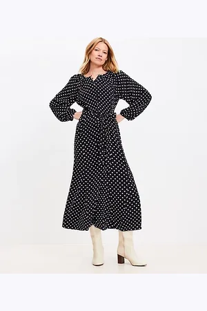 LOFT Petite Dotted Button Godet Midi Dress