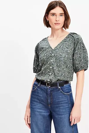 LOFT Paisley Bubble Sleeve Mixed Media Blouse