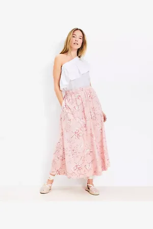 LOFT Bird Toile Poplin Pull On Maxi Pocket Skirt