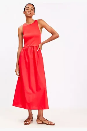 LOFT Poplin Mixed Media Midi Pocket Dress