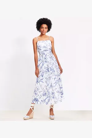 LOFT Bird Toile Strappy Midi Pocket Dress