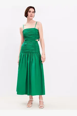 LOFT Poplin Cutout Tie Back Ruched Midi Dress