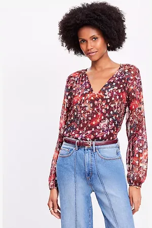 LOFT Petite Shimmer Clip Paisley Shirred Raglan Blouse