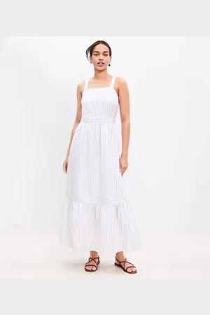 LOFT Shimmer Striped Linen Blend Square Neck Midi Dress