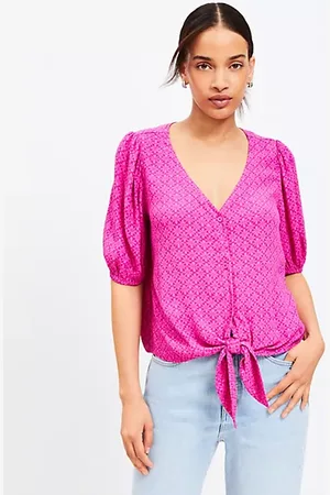 LOFT Petite Stamped Puff Sleeve Tie Front Blouse