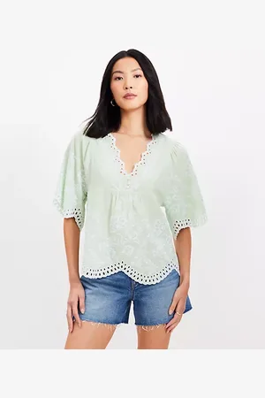 LOFT Petite Floral Eyelet V-Neck Blouse