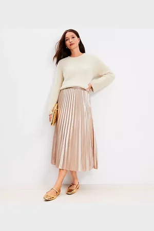 LOFT Foiled Satin Pleated Midi Skirt