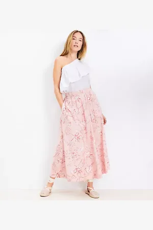 LOFT Petite Bird Toile Poplin Pull On Maxi Pocket Skirt