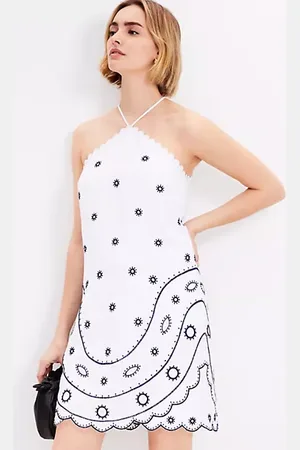 LOFT Embroidered Linen Blend Mini Halter Dress