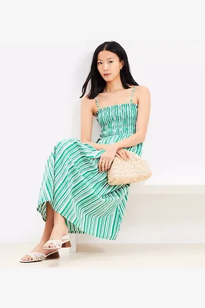 LOFT Striped Poplin Smocked Strappy Maxi Dress