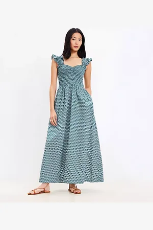 LOFT Petite Beach Mosaic Poplin Ruffle Strap Maxi Pocket Dress