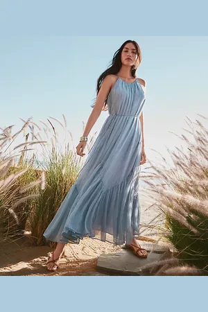 LOFT Striped Flounce Maxi Halter Dress