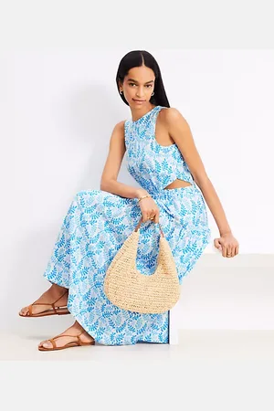 LOFT Petite Coral Side Cutout Linen Blend Midi Dress