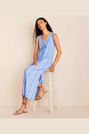 LOFT Lou & Grey Striped Linen Cotton Tie Keyhole Maxi Pocket Dress