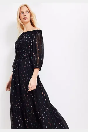 LOFT Shimmer Clip Balloon Sleeve Off The Shoulder Midi Dress