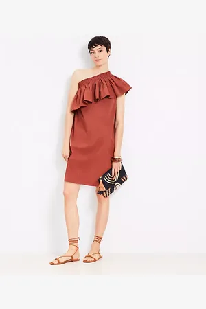 LOFT Petite Poplin Ruffle One Shoulder Mini Dress