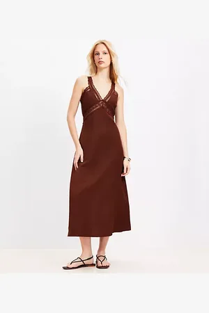 LOFT Petite Lace Trim Linen Blend Midi Dress