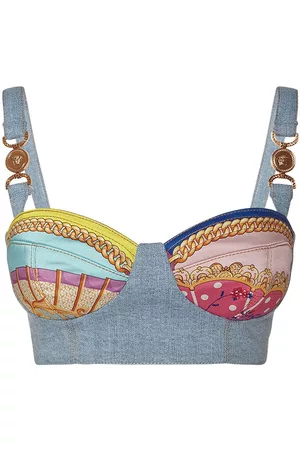 VERSACE Printed Twill & Denim Cropped Bra Top
