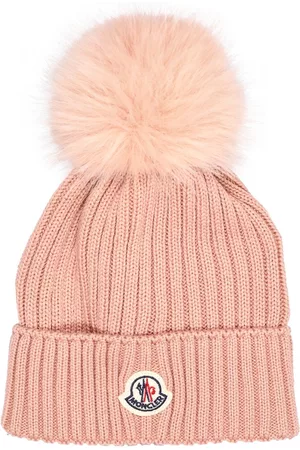 Moncler Girls Hats - Wool Knit Hat W/ Faux Fur Pompom