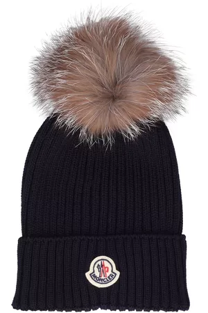 Moncler Girls Beanies - Wool Knit Beanie Hat W/ Fur Pompom