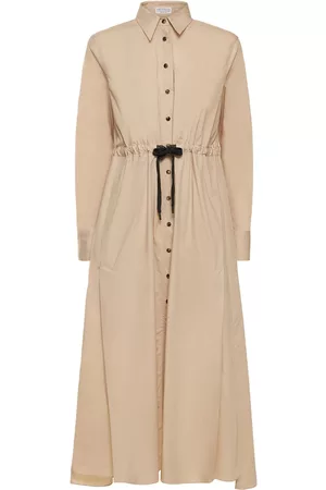 Brunello Cucinelli Women Long Sleeve Dresses - Poplin Buttoned Long Sleeve Midi Dress
