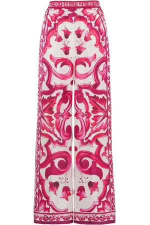 Dolce & Gabbana Women Wide Leg Pants - Maiolica Print Silk Twill Wide Pants