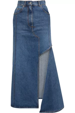 Alexander McQueen Women Denim Skirts - Asymmetric Cotton Denim Flared Skirt