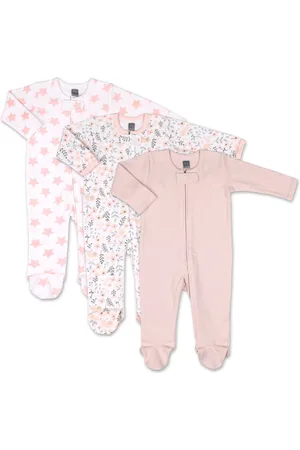 The Peanutshell Baby Girls Sleep N Play Footed Pajamas for Girls, Pink Floral, 3 Pack, to 9 Months - Light coral/white