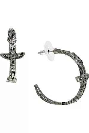 1928 T.r.u. by Pewter Tone 3/4 Feather Totem Pole Hoop Earring