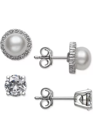 Belle De Mer 2-Pc. Set Cultured Freshwater Pearl (6mm) & Cubic Zirconia Stud Earrings in Sterling , Created for Macy