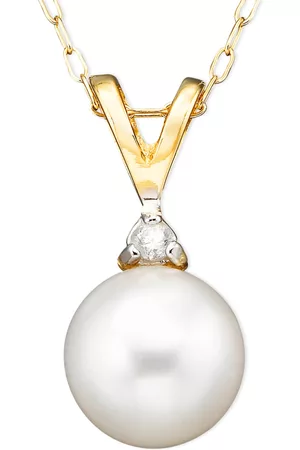 Belle De Mer Pearl Cultured Freshwater Pearl (6-1/2mm) and Diamond Accent Pendant Necklace in 14k