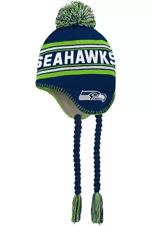 Outerstuff Preschool Boys and Girls College Navy and Neon Green Seattle Seahawks Jacquard Tassel Knit Hat with Pom - Navy, Neon Green
