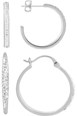 And Now This Clear Crystal C Hoop & Click Top Hoop Earring Set in Gold Plate or Plate
