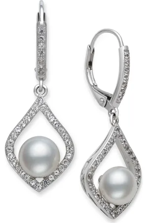 Belle De Mer Cultured Freshwater Pearl (7mm) & Cubic Zirconia Drop Earrings in