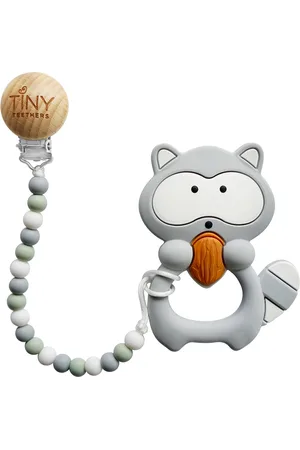 Tiny Teethers Designs 3 Stories Trading Tiny Teethers Infant Silicone Pacifier Clip With Large Removable Teether, Raccoon