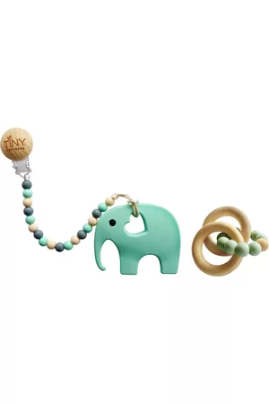 Tiny Teethers Designs 3 Stories Trading Tiny Teethers Infant Silicone And Beech Rattle And Teether Gift Set, Elephant
