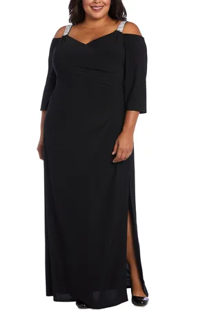R & M Richards Plus Size Embellished Cold-Shoulder Gown
