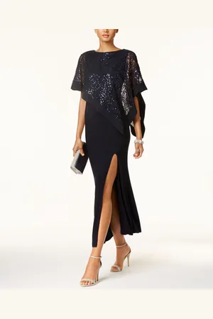 R & M Richards Sequined Lace Cape Gown