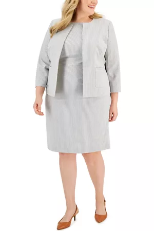 Le Suit Plus Size Striped Open-Front Sheath Dress Suit
