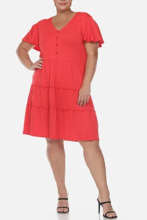White Mark Plus Size Short Sleeve V-neck Tiered Midi Dress