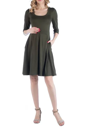24Seven Comfort Apparel Fit and Flare Scoop Neck Maternity Dress