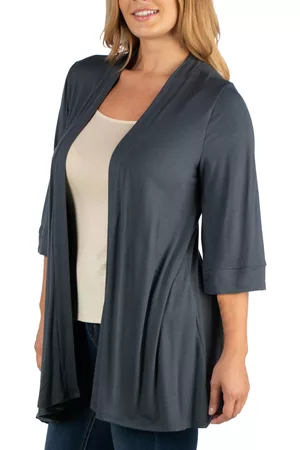 24Seven Comfort Apparel Women Sweatshirts - Open Front Elbow Length Sleeve Plus Size Cardigan