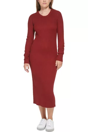 Calvin Klein Women's Ribbed Long Sleeve Crewneck Side Slit Dress