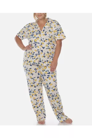 White Mark Plus Size 2 Piece Tropical Print Pajama Set - Beige, Lemon